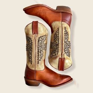 Frye Billy Hammered Stud Leather Canvas CowboyBoot